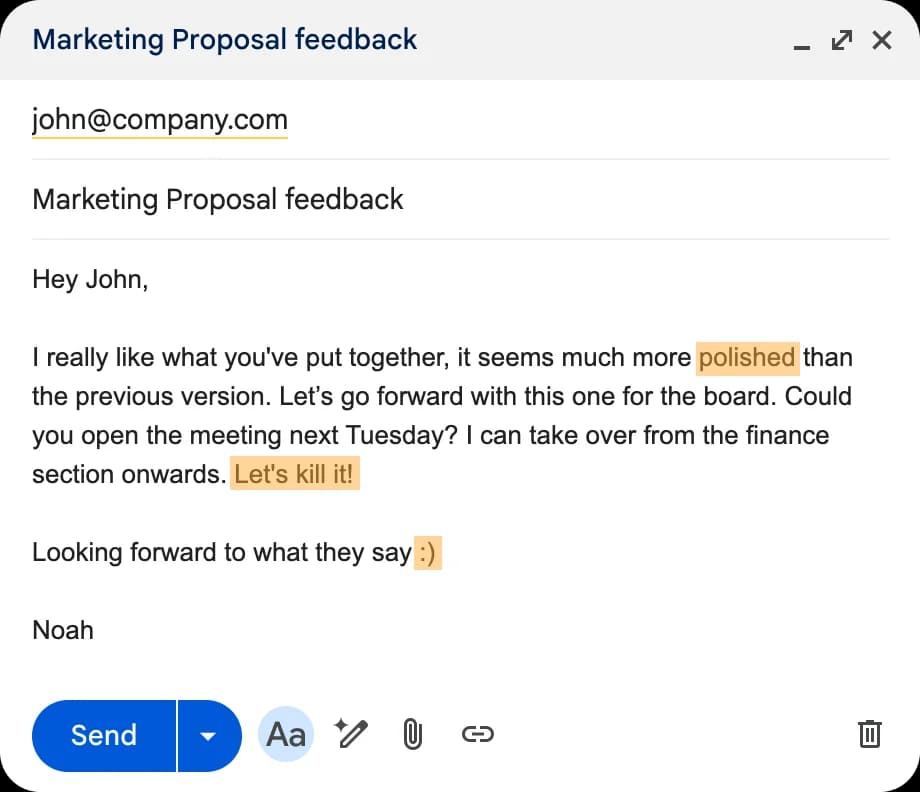 A polished email composed with Ditto, showing natural language with personal touches highlighted