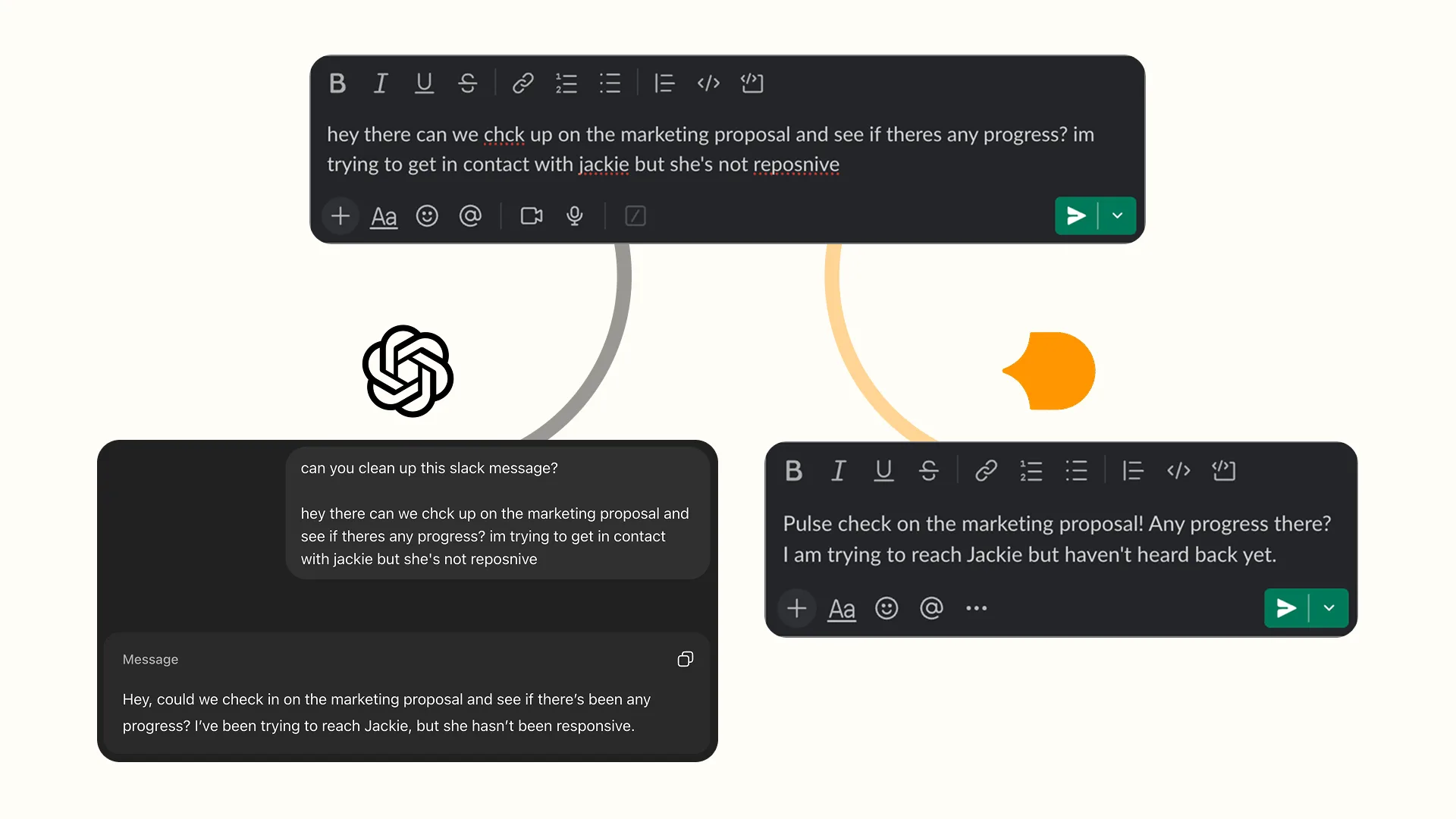Before and after: generic AI rewrite vs. Ditto preserving your voice in Slack