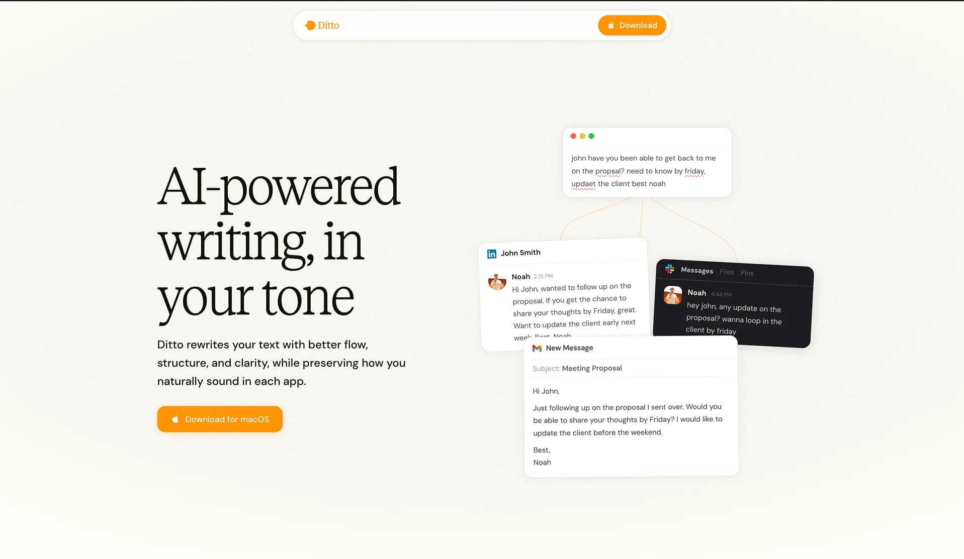 Ditto rewriting across Slack, Gmail, and LinkedIn
